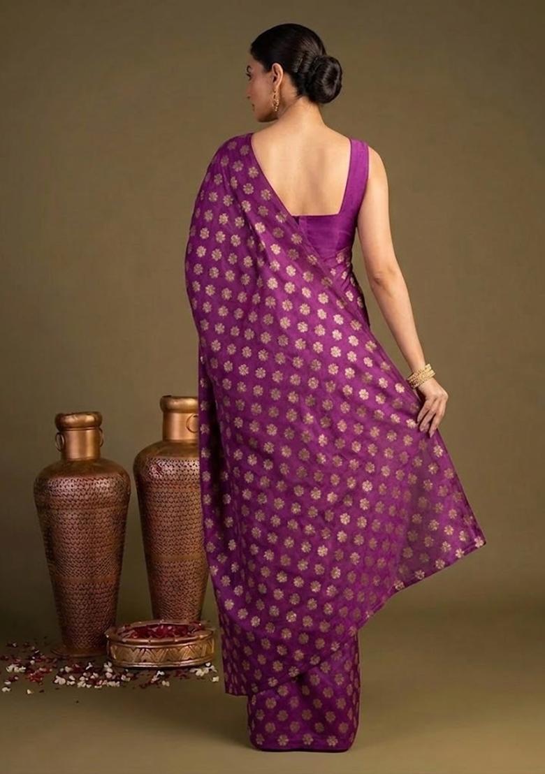 Magenta Purple Brocade Pre Draped Saree Set - Indya