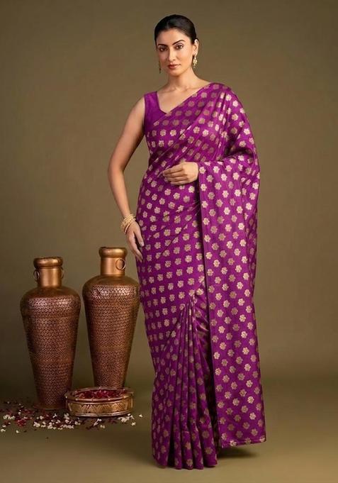 Magenta Purple Brocade Pre Draped Saree Set
