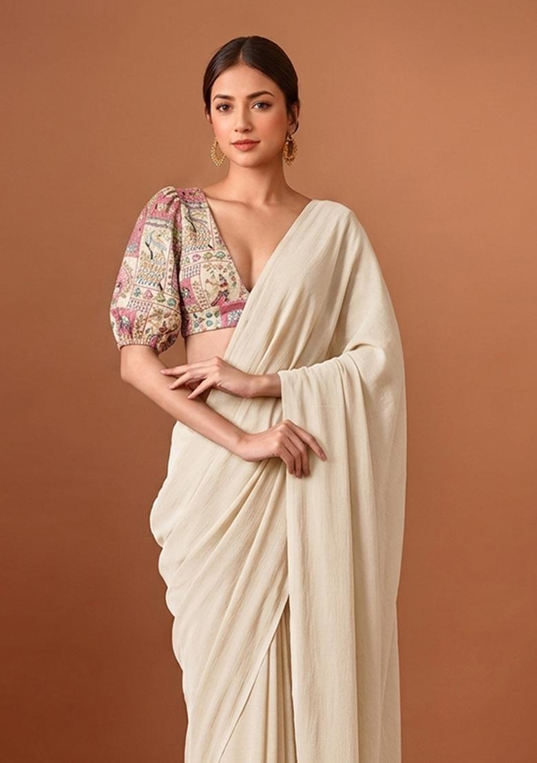 Cream White Printed Crepe Pre Draped Saree Set - Indya