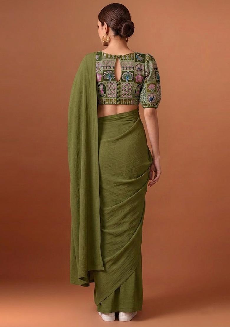 Mehendi Green Printed Crepe Pre Draped Saree Set - Indya