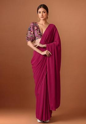 Magenta Printed Crepe Pre Draped Saree Set