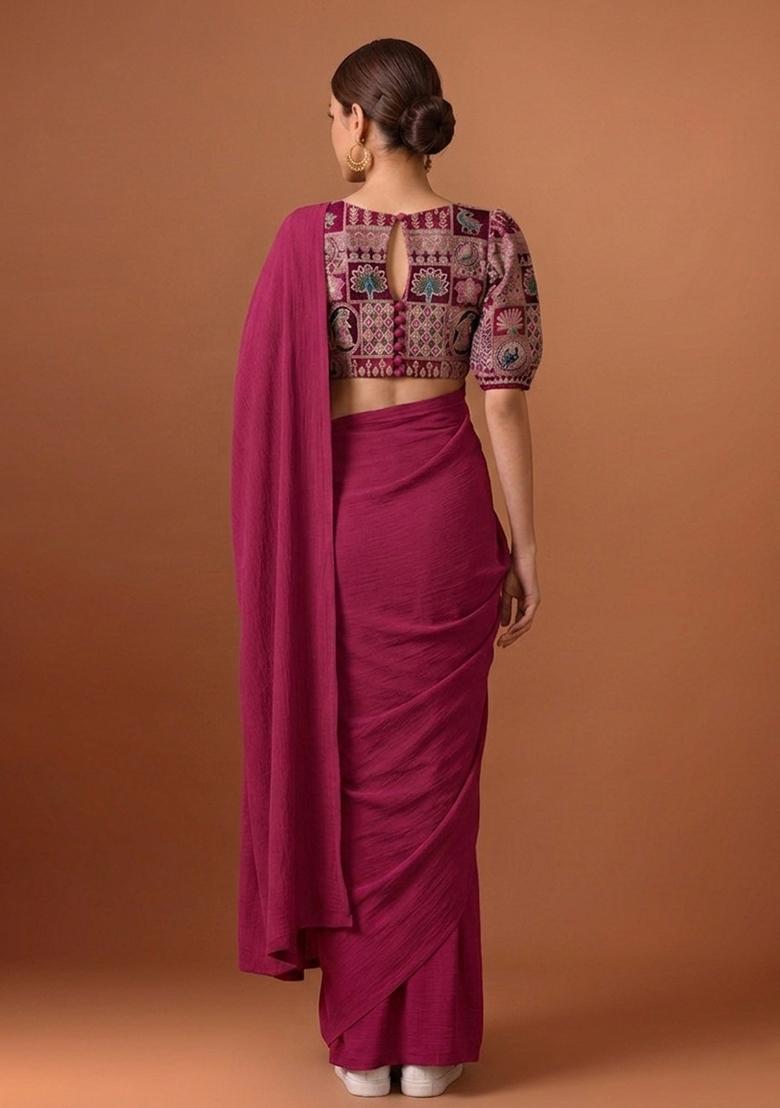 Magenta Printed Crepe Pre Draped Saree Set - Indya