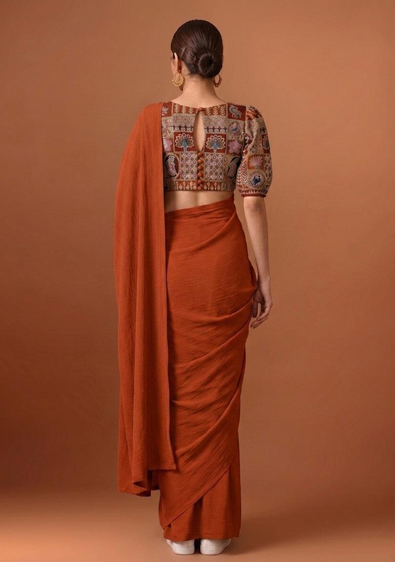 Rust Orange Printed Crepe Pre Draped Saree Set - Indya