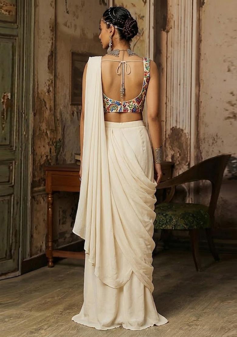 Off White Printed Crepe Pre Draped Saree Set - Indya