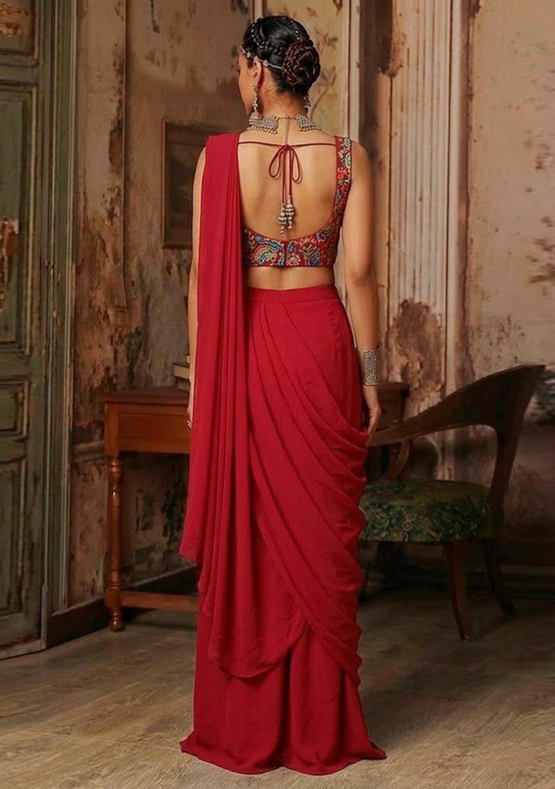 Maroon Printed Crepe Pre Draped Saree Set - Indya