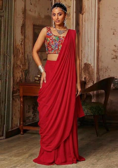 Maroon Printed Crepe Pre Draped Saree Set