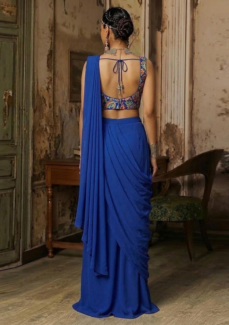 Royal Blue Printed Crepe Pre Draped Saree Set - Indya