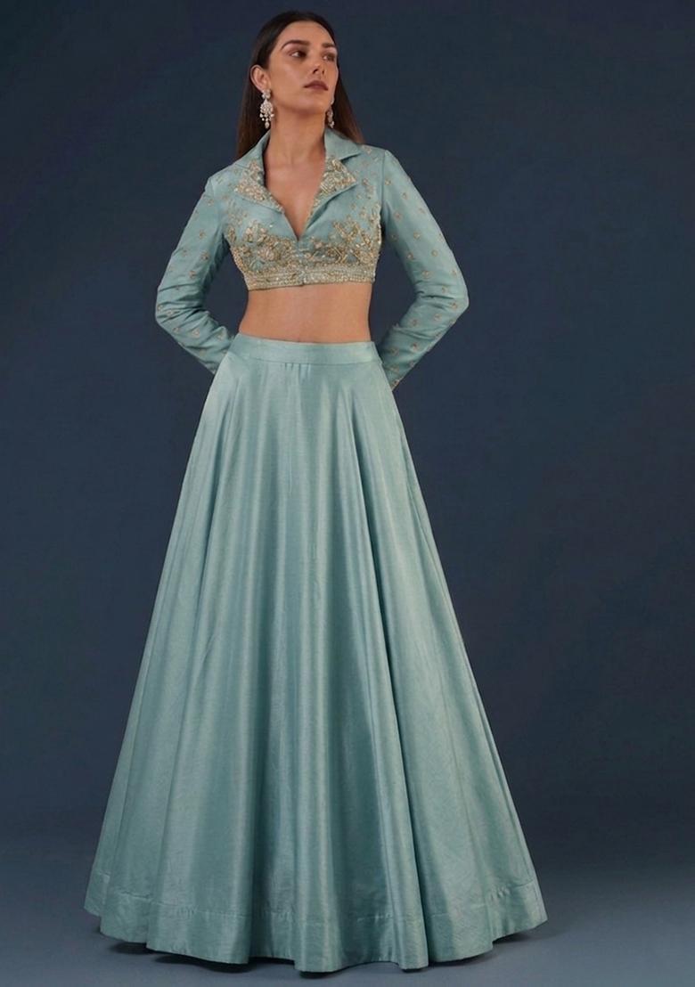Powder Blue Embroidered Handwork Lehenga Set - Indya