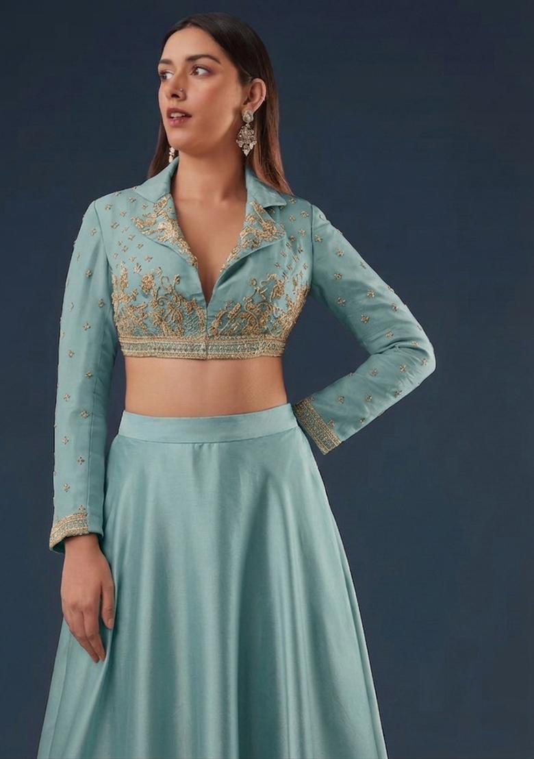 Powder Blue Embroidered Handwork Lehenga Set - Indya