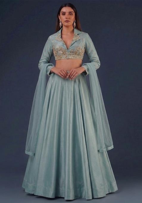 Powder Blue Embroidered Handwork Lehenga Set