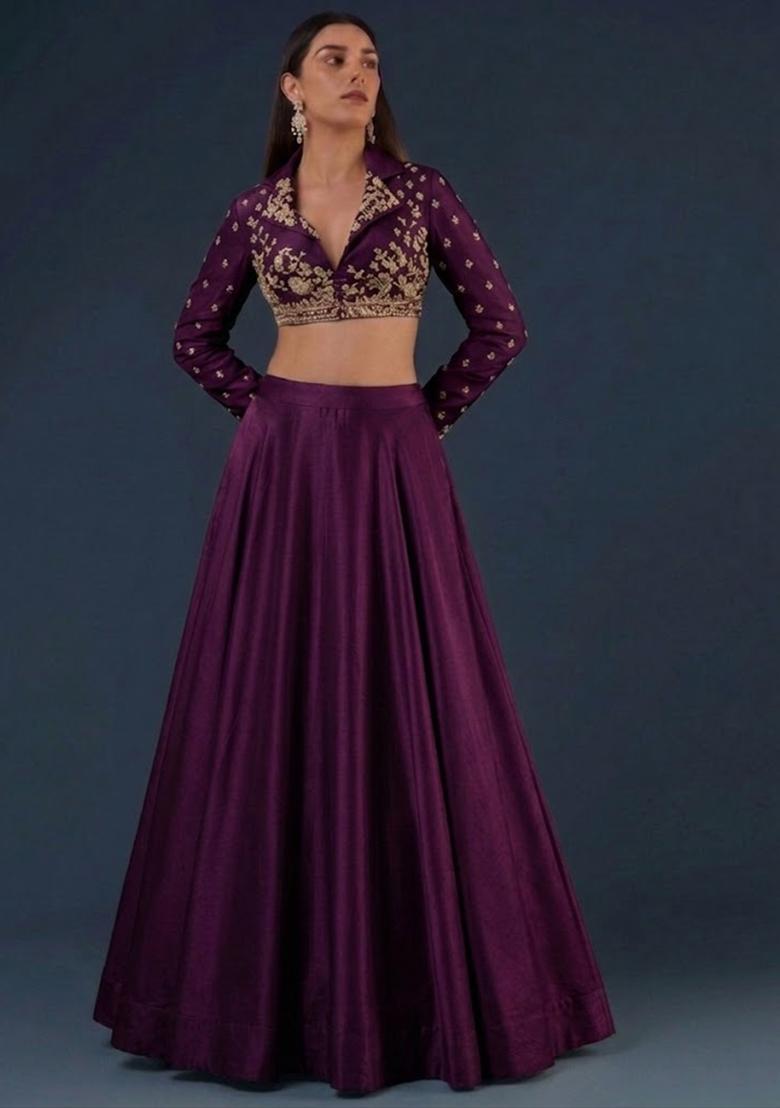 Deep Plum Embroidered Handwork Lehenga Set - Indya