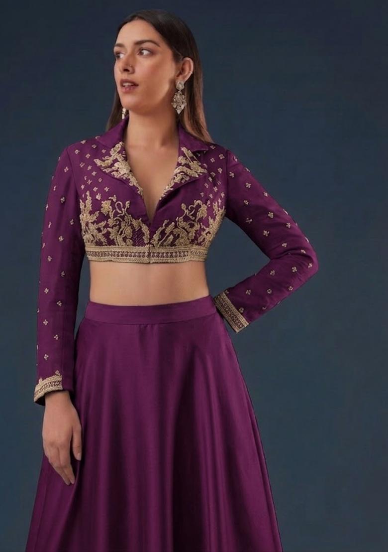 Deep Plum Embroidered Handwork Lehenga Set - Indya