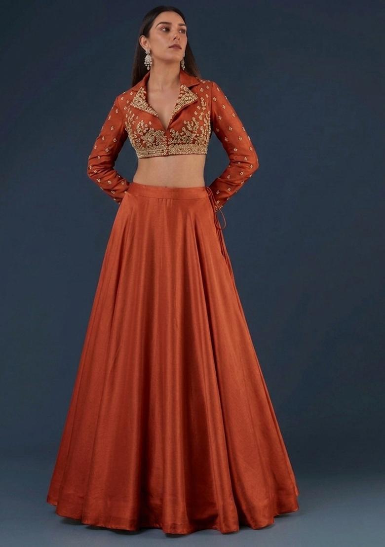Orange Embroidered Handwork Lehenga Set - Indya
