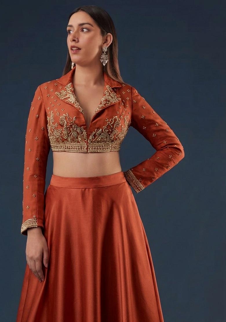 Orange Embroidered Handwork Lehenga Set - Indya