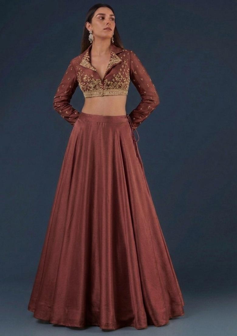 Brown Embroidered Handwork Lehenga Set - Indya