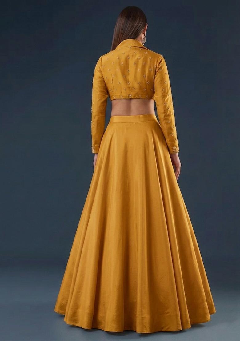 Mustard Embroidered Handwork Lehenga Set - Indya