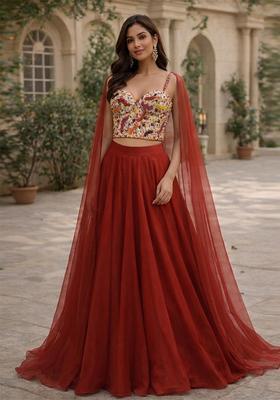 Rust Red Embroidered Handwork Lehenga Set