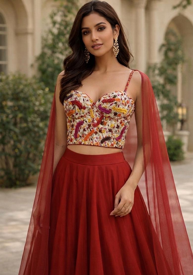 Rust Red Embroidered Handwork Lehenga Set - Indya