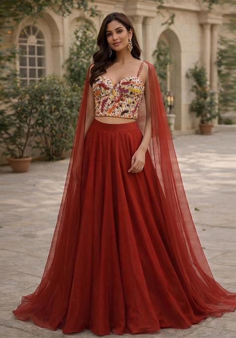 Rust Red Embroidered Handwork Lehenga Set