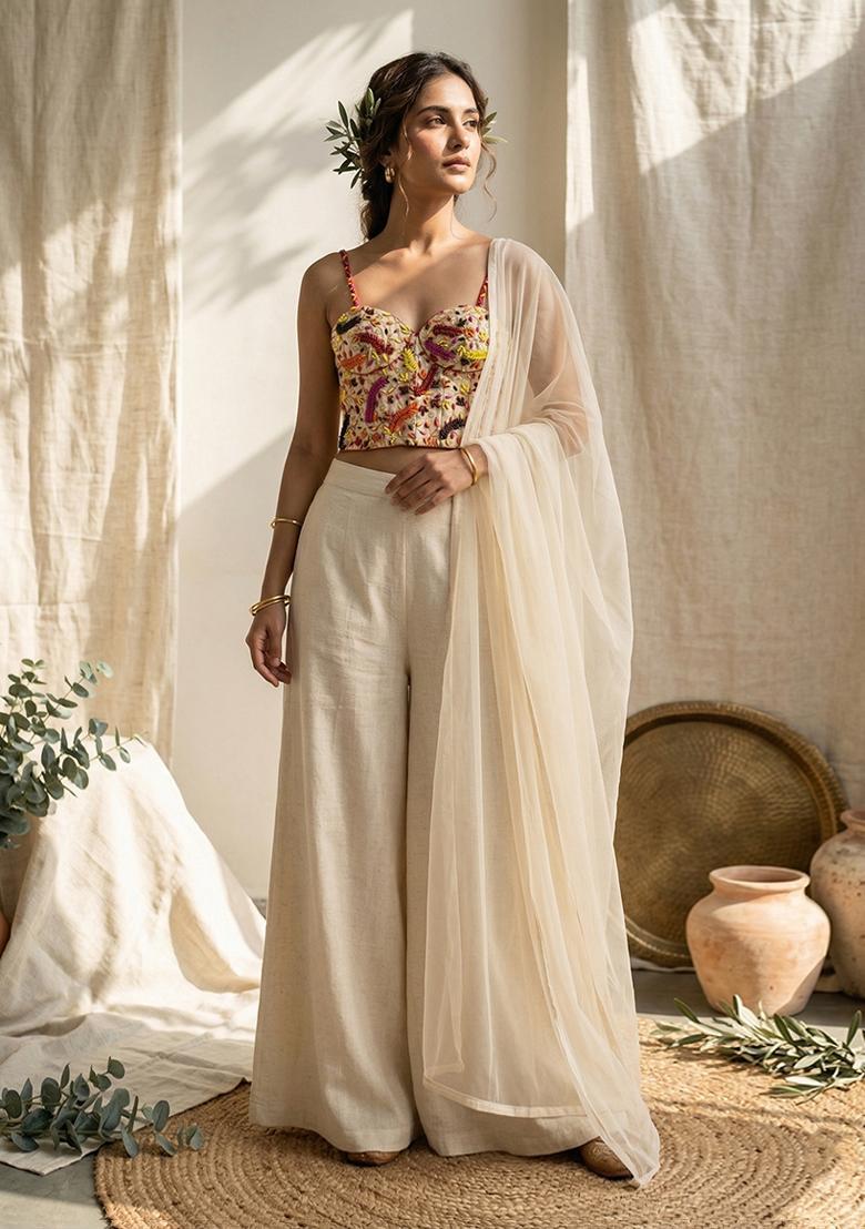 Ivory Embroidered Handwork Fusion Set - Indya