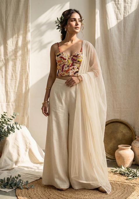 Ivory Embroidered Handwork Fusion Set