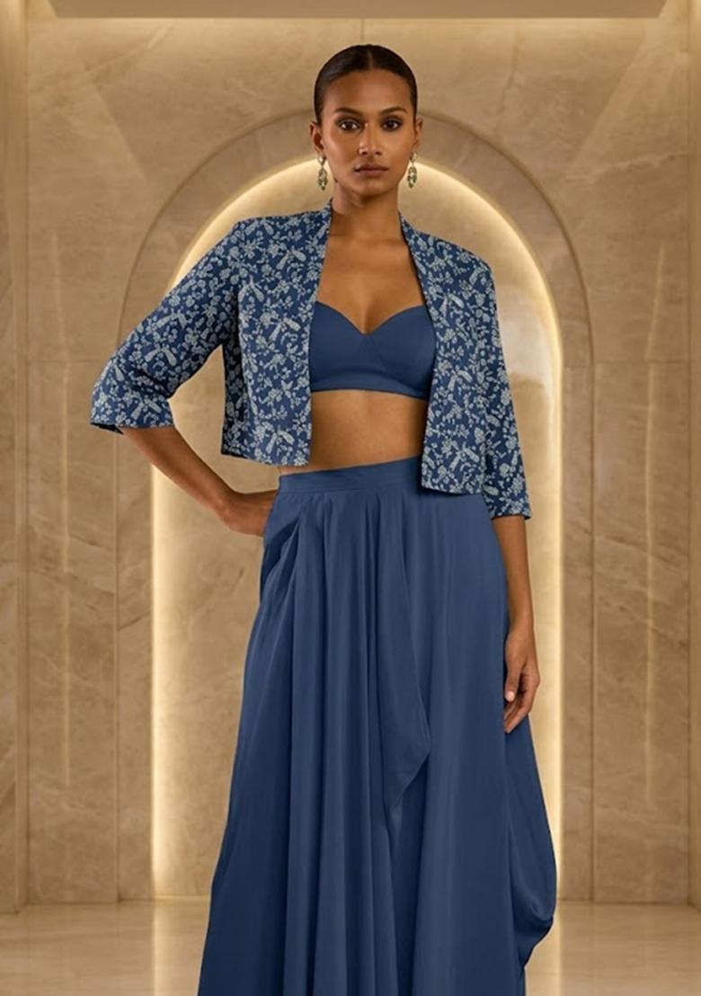 Steel Blue Printed Crepe Fusion Set - Indya