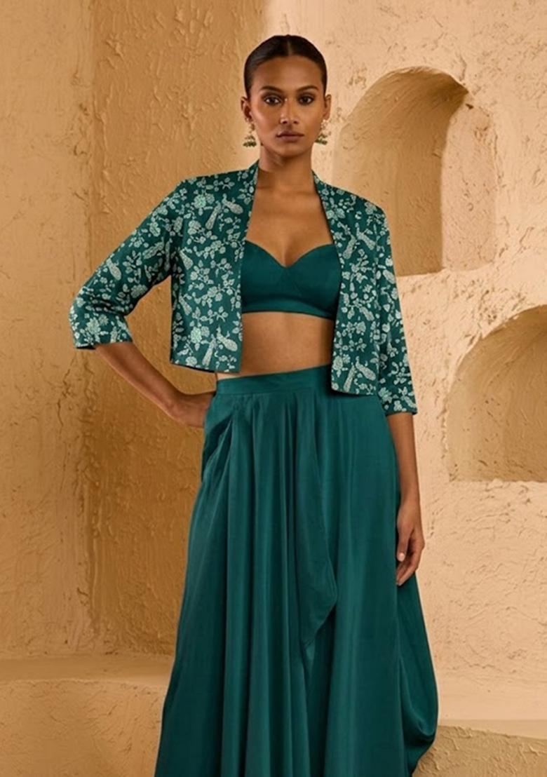 Teal Green Printed Crepe Fusion Set - Indya