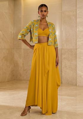 Mustard Yellow Printed Crepe Fusion Set