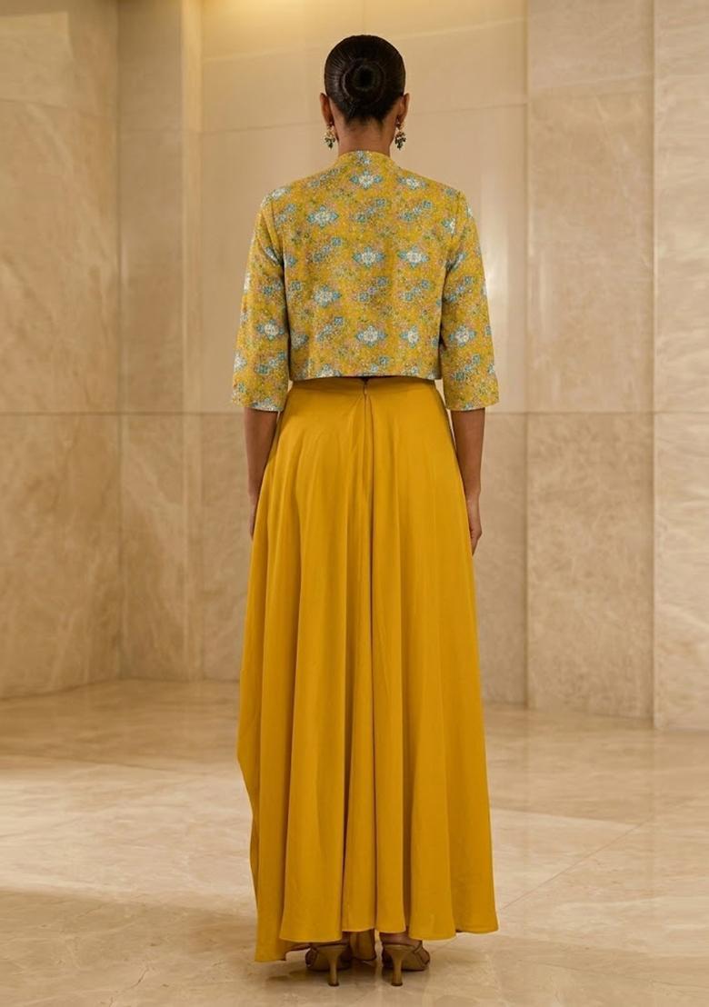 Mustard Yellow Printed Crepe Fusion Set - Indya