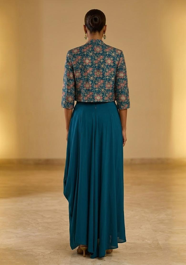 Teal Blue Printed Crepe Fusion Set - Indya