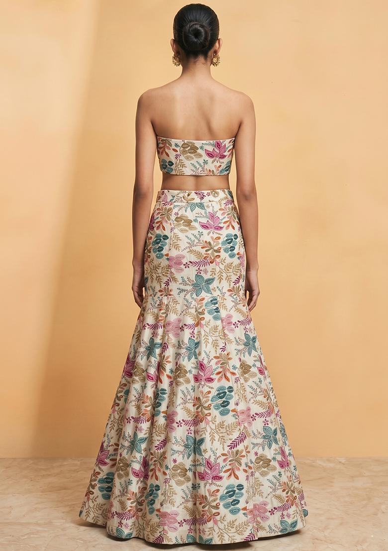 Off White Printed Silk Blend Lehenga Set - Indya