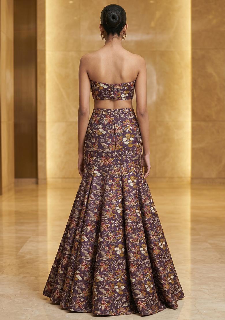 Deep Plum Printed Silk Blend Lehenga Set - Indya