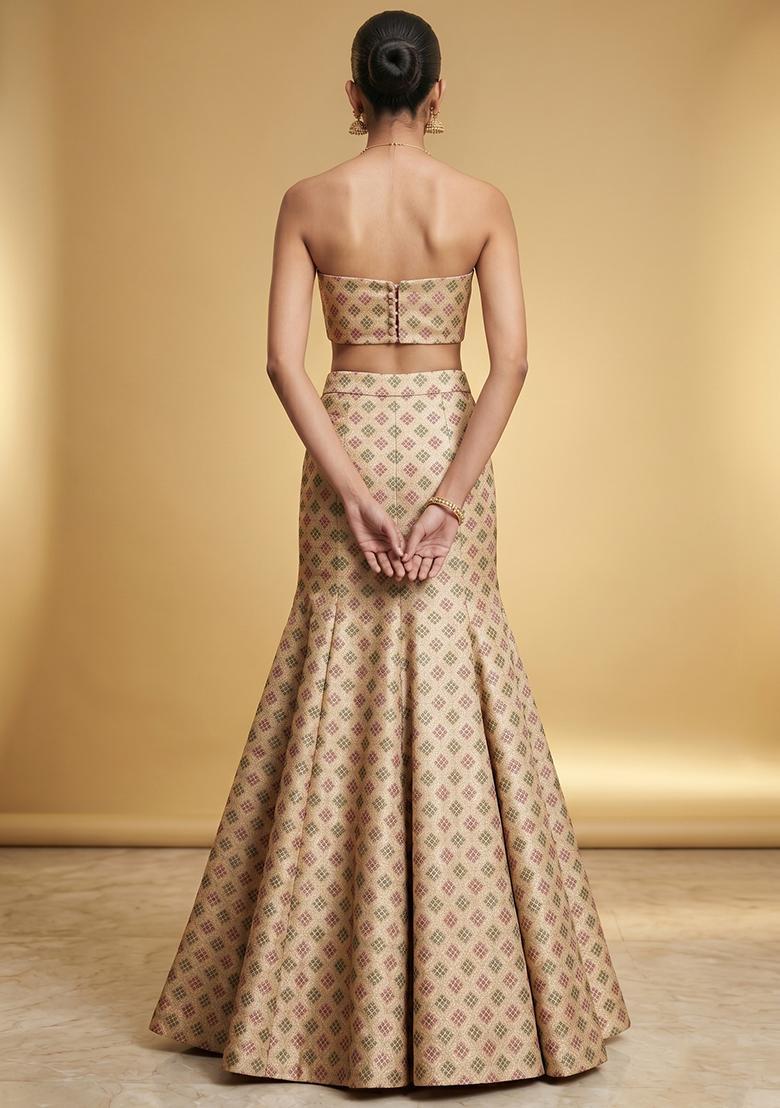 Champagne Gold Zari Silk Blend Lehenga Set - Indya