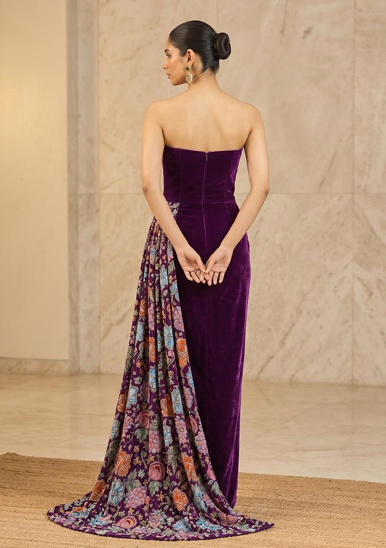 Deep Purple Printed Crepe Fusion Set - Indya