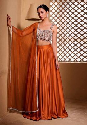 Burnt Orange Embroidered Handwork Lehenga Set