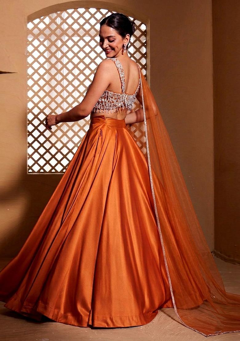 Burnt Orange Embroidered Handwork Lehenga Set - Indya