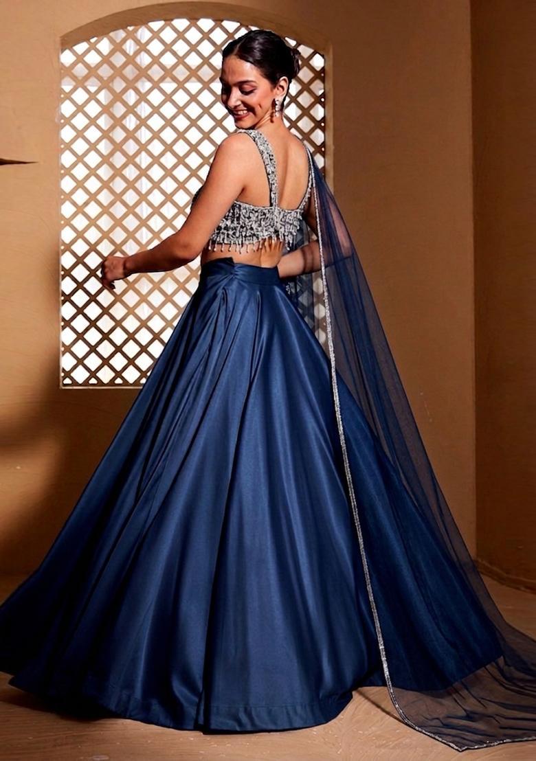 Midnight Blue Embroidered Handwork Lehenga Set - Indya
