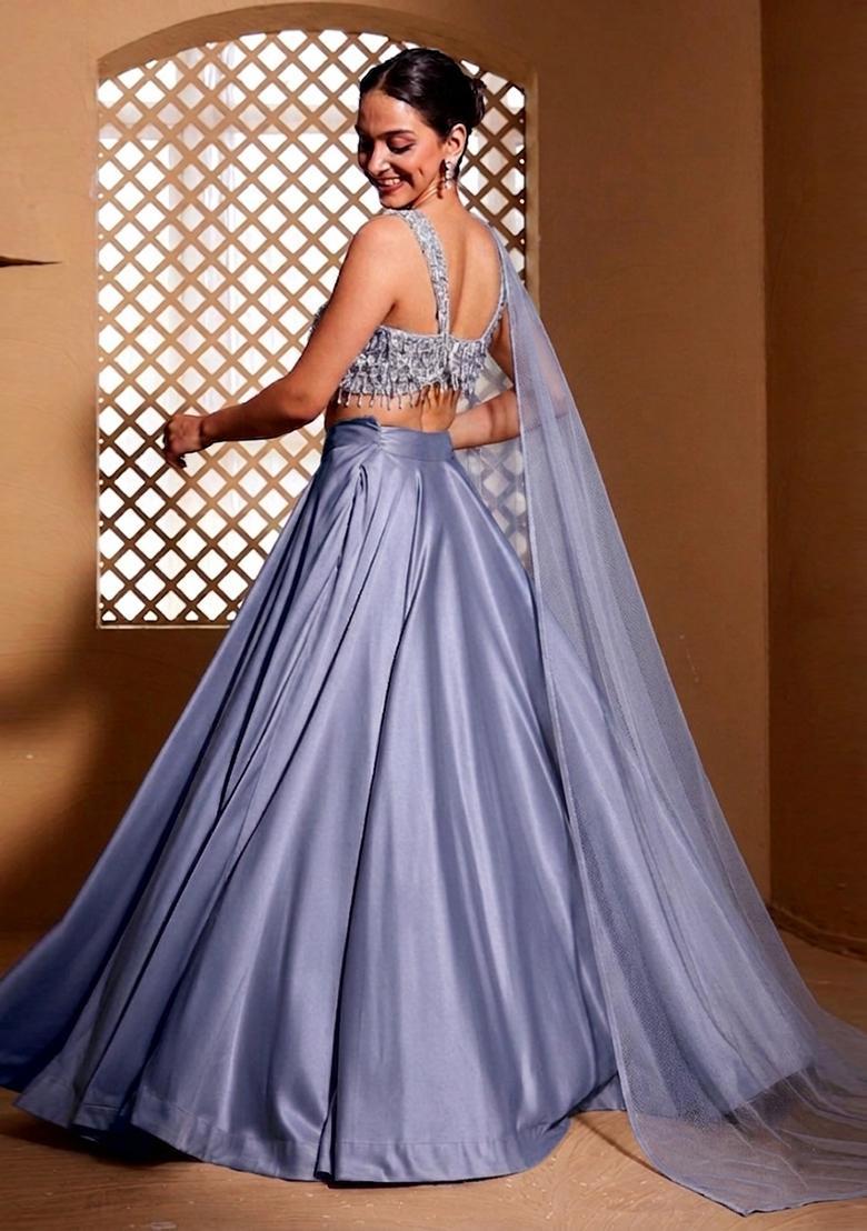 Powder Blue Embroidered Handwork Lehenga Set - Indya