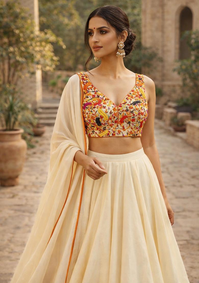 Cream Embroidered Handwork Lehenga Set - Indya