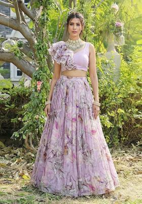Lavender Pink Printed Organza Lehenga Set