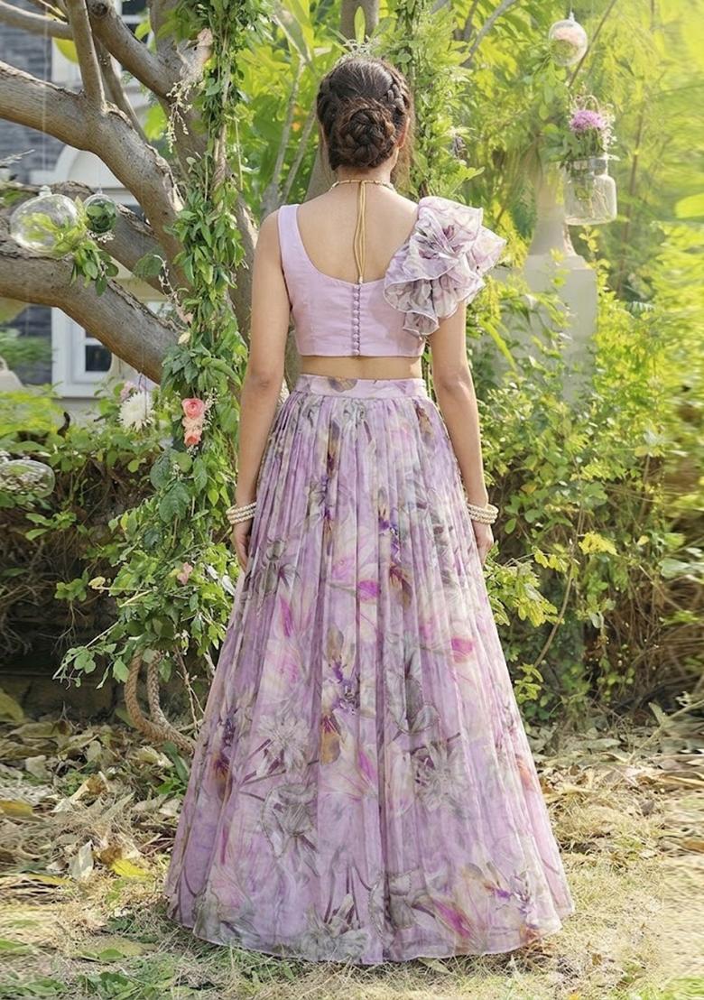Lavender Pink Printed Organza Lehenga Set - Indya