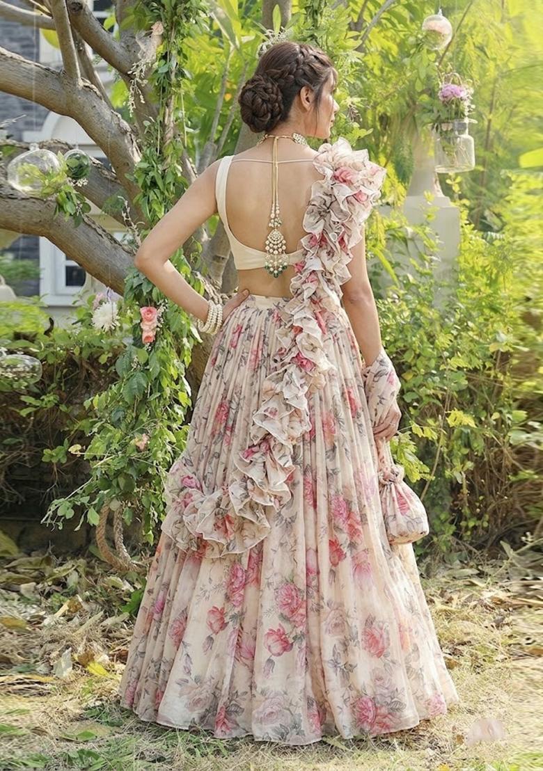 Cream White Printed Organza Lehenga Set - Indya