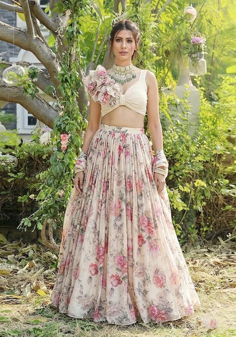 Cream White Printed Organza Lehenga Set