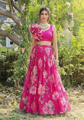 Rani Pink Printed Organza Lehenga Set