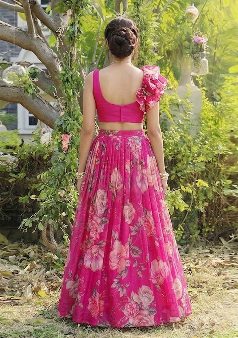 Rani Pink Printed Organza Lehenga Set - Indya