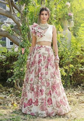 Off White Printed Organza Lehenga Set