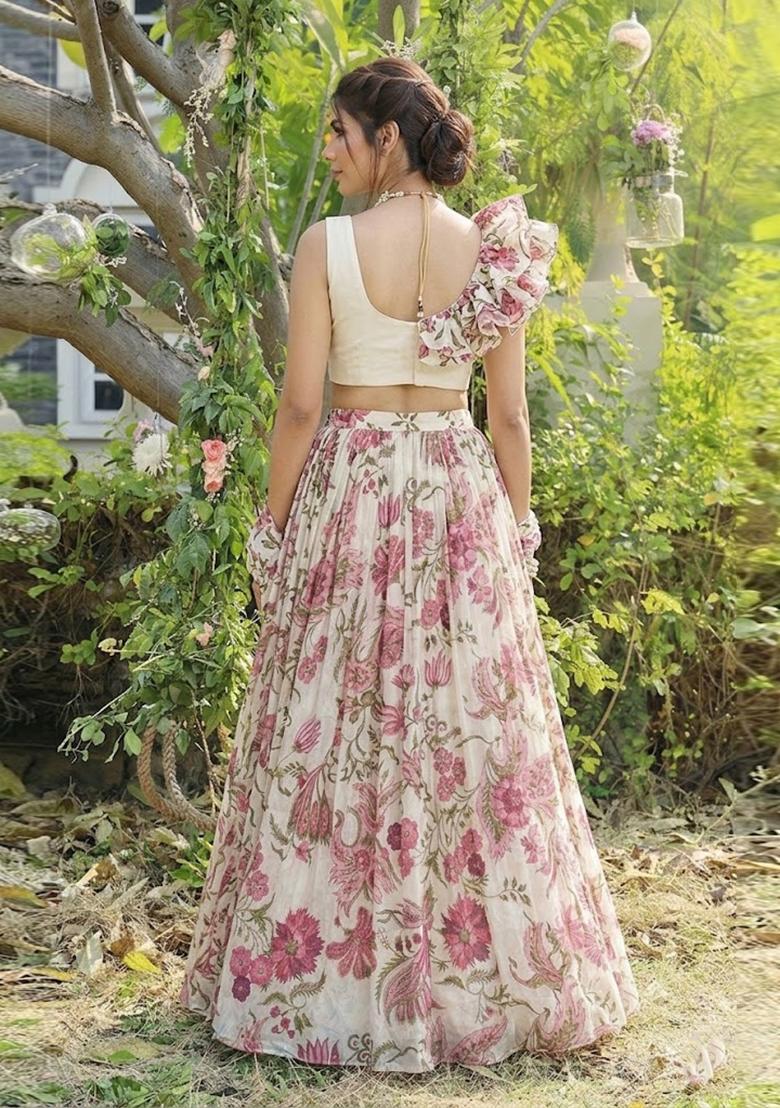 Off White Printed Organza Lehenga Set - Indya