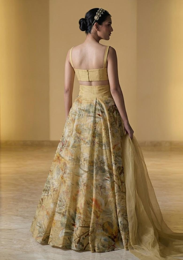 Sand Beige Printed Organza Lehenga Set - Indya