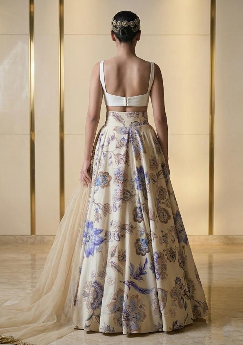 Ivory Printed Organza Lehenga Set - Indya