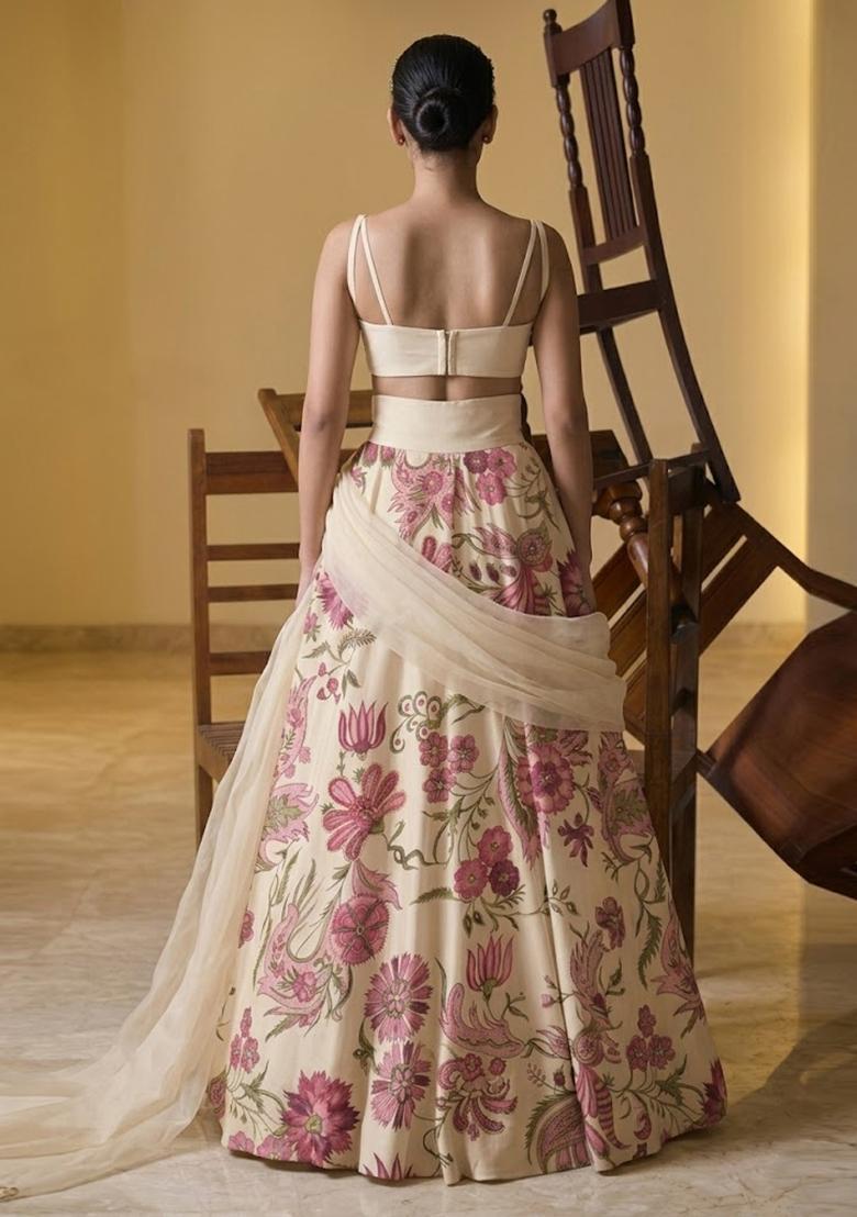 Cream White Printed Organza Lehenga Set - Indya